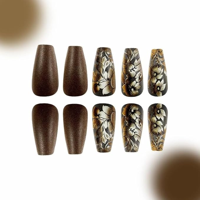 Medium Square Acrylic Nails, 24Pcs Glossy Floral Designs, Full Cover Artificial Nails, Press On Nails, Brown, Style 6