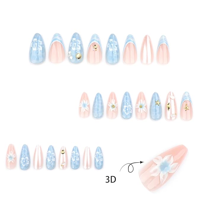 3D Sea Waves Press on Nails Glossy Blue Gradient Stick on Nail French Tips Medium Almond False Nail 24Pcs Flower Gel Glue on Fingernails Acrylic Full Cover Fake Nails for Holiday Manicure Art