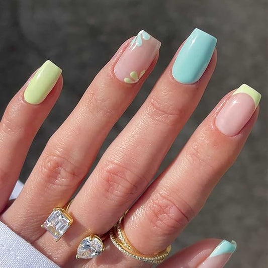 RikView French Tip Press on Nails Medium Fake Nails Blue Stick on Nails with Flowers Design Square Yellow Nails for Women