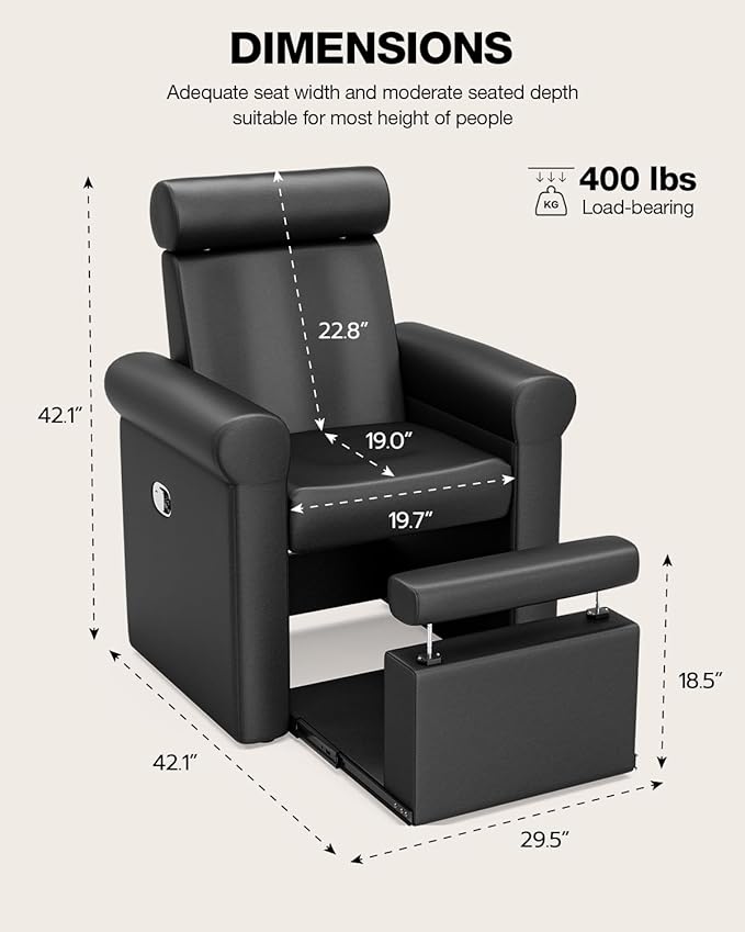 VARONXE Icoget Professional Pedicure Chair No Plumbing for Nail Tech, Reclining SPA Pedicure Station w/Adjustable Footrest & Headrest, Retractable Base Unite for Small Space, Black