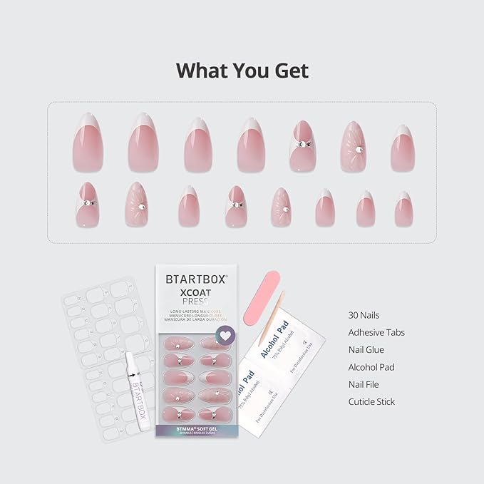 BTArtbox French Tip Press On Nails - Lamp-Curable 3D Medium Almond Press On Nails with Glue for Women, Semi-Transparent Soft Gel Glue On Nails in 15 Sizes - 30 Stick On Nails Kit, Prom Queen