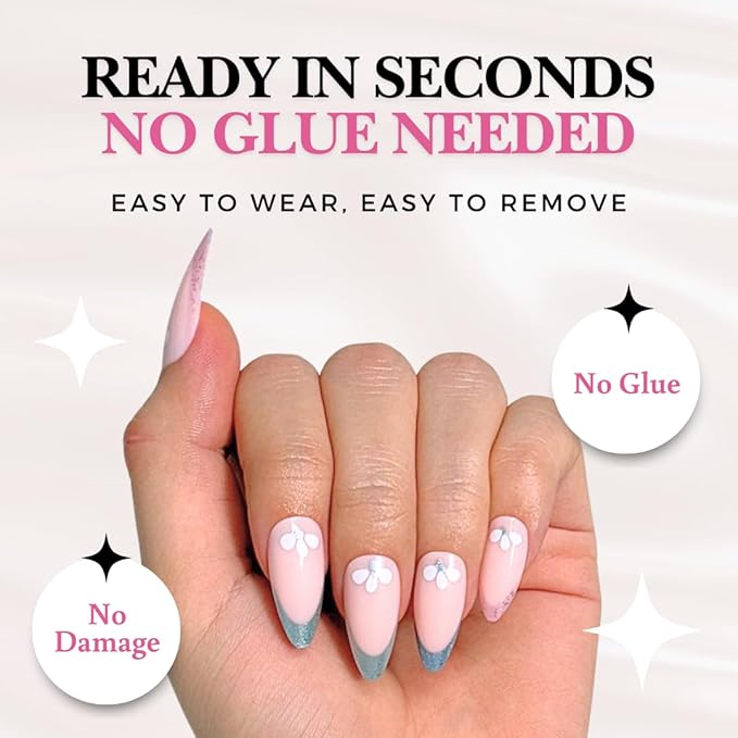 Perfect Look Press On Nails - Chrome French | No Glue One-Day Almond Nails, Floral Nails with Metallic Silver Tips - 24 Pcs Nail Kit with Adhesive Tabs