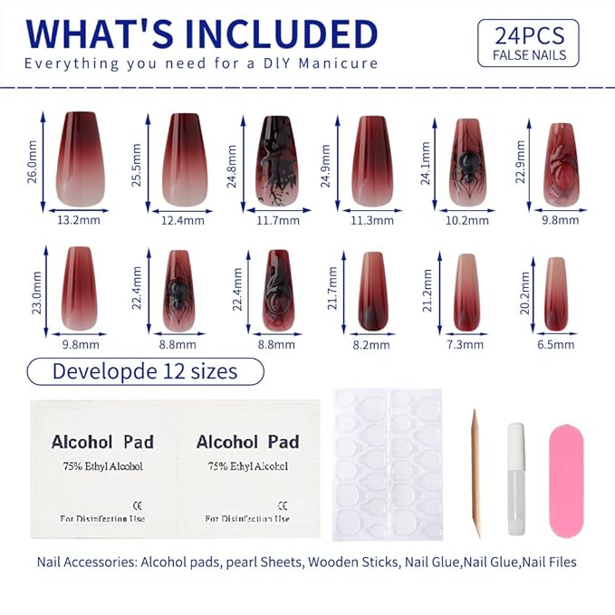 Halloween Coffin Press On Nails Medium Long, Blood Red Ombre Fake Nails with 3D Spider Embellishments, Blood Drip Effect & Haunted Castle Patterns Reusable fall Glue on Nails Kit for Women