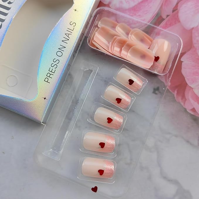 24Pcs Heart Press on Nails Medium Square Fake Nails Pink French Tip Glue on Nails Valentines Press ons Pink Stick on Nails Valentines Artificial False Nails for Women DIY Acrylic Nails Charms