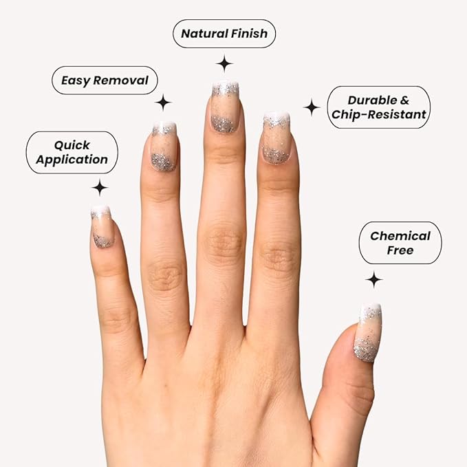 Perfect Look Press On Nails - Sparkle | No Glue One-Day Short Square Fake Nails, Nude Nails with Silver Glitter Tips - 24 Pcs Nail Kit with Adhesive Tabs