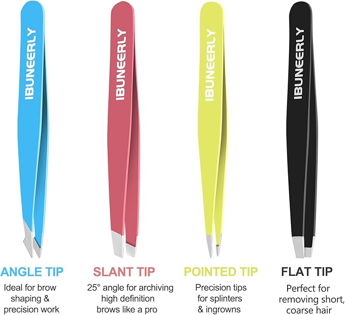 Eyebrows Tweezers Set, 4Pcs Stainless Steel Tweezers for Women with Travel Case, Great Precision for Ingrown Hair, Facial Hair and Splinter Removal