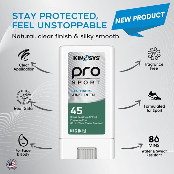 KINeSYS Pro Sport Clear Mineral Sunscreen Stick SPF 45 | SPF Stick Sunblock for Adults & Kids | Broad Spectrum Sun Protection | Water Resistant Travel Size Sunscreen for Face, Body & Vacation | 0.5 Oz