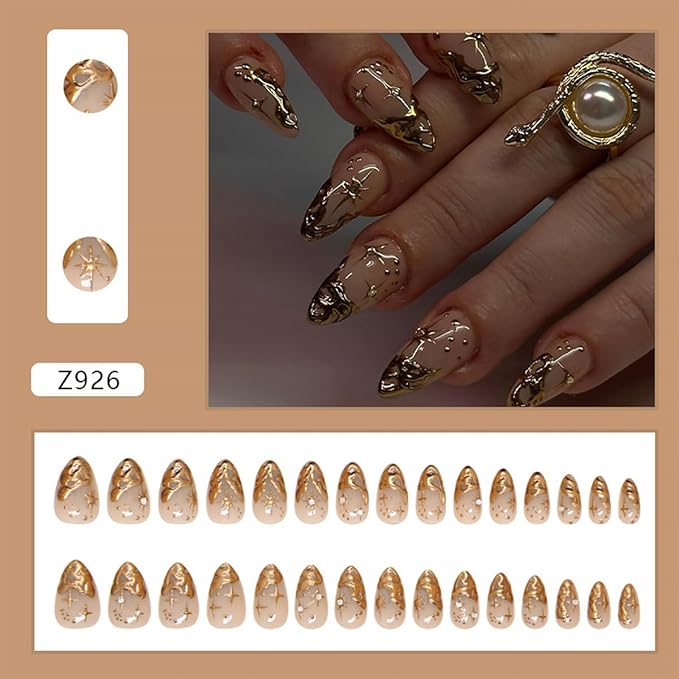 24Pcs Gold French Tip Press on Nails Short Almond Fake Nails 3D Gold Irregularity Design Nude Full Cover Glue on Nails Star Moon Stick on Nails Chrome False Nails for Women Acrylic Manicure Salon DIY