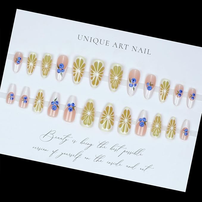 24Pcs Summer Fruit Press on Nails Almond Fake Nails Cute 3D Blueberries Lemon Design Summer False Nails Medium Reusable Fall Nails Glue on Nails Acrylic Nails for Women Manicure Decoration