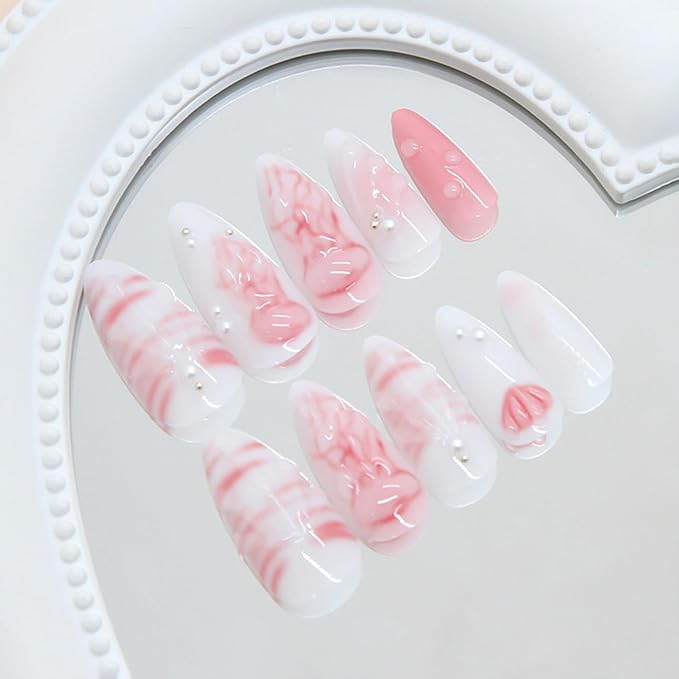 24PCS Summer Press on Nails Almond Fake Nails with 3D Shell Pattern Jellyfish Pearl Press on Fake Nail Full Cover Stick on Nails Handmade Press on Nails Art Decoration for Women