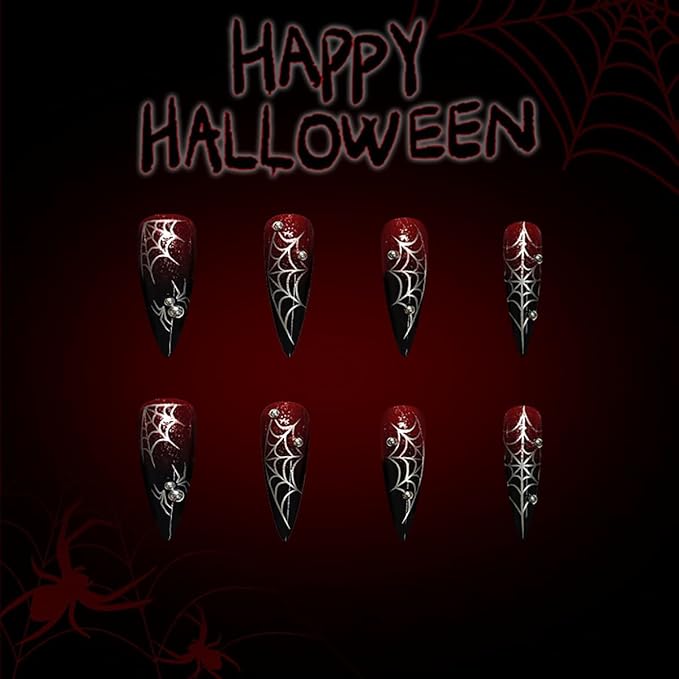 Halloween Press on Nails Long Fake Nails Glitter False Nails Red Black Gradient Silver Spider Web Bead Design 3D Spider Glue on Nail Full Cover Acrylic Nail for Women DIY Salon Manicure Kit
