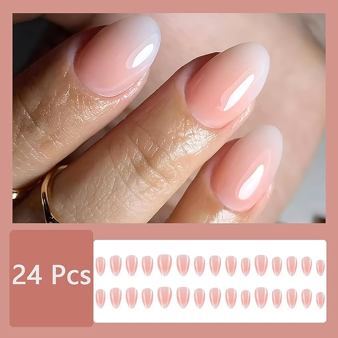 30Pcs Almond Press on Nails Short Length Pink White Gradient Fake Nails with Designs Reusable Nude False Nails Glue on Nails French Acrylic Nails Glossy Full Cover Stick on Nails for Women Nail Supply