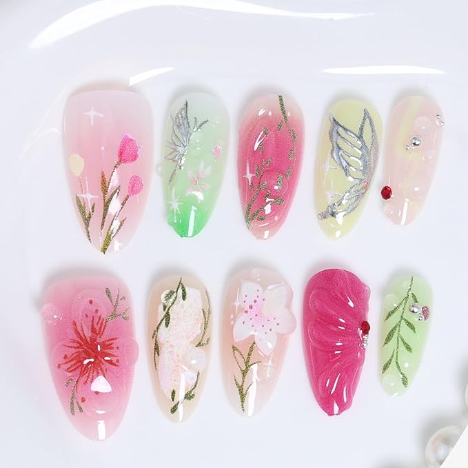 30Pcs Floral Press On Nails Short Almond Nails with Colorful Flower Butterfly Designs Hand-Painted Leaves Stick On Nails Multi-color French Tip Press Ons Handmade Elegant Set for Spring & Summer