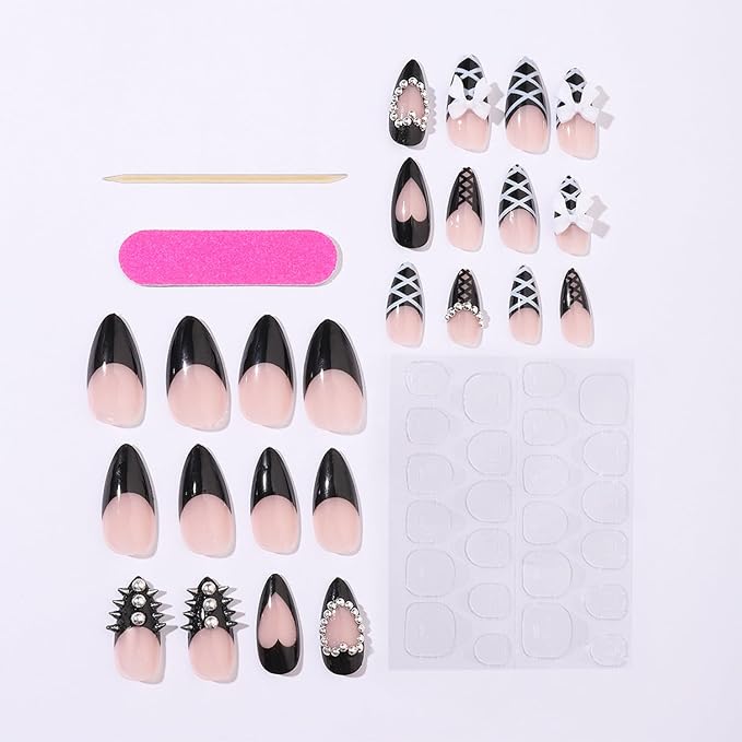 24pcs Black French Tip Press on Nails Medium Almond Fake Nails with 3D Bow Rivet Rhinestones Designs Gothic False Nails Lace Glue on Nails French Acrylic Nail Tips Full Cover Stick on Nails for Women