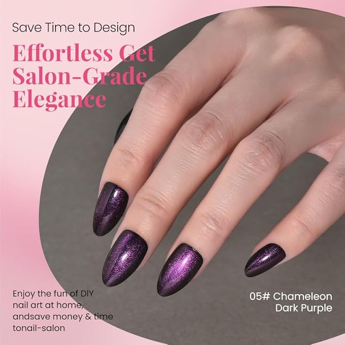 evpct Dark Blue Purple Press on Nails Almond Short, Purple Sapphire Blue Cat Eye Glitter Press on Nails for Women Gift, Soft Gel Press Glue On Nail with Nail Glue 60Pcs Reusable Acrylic Fake Nails Kit