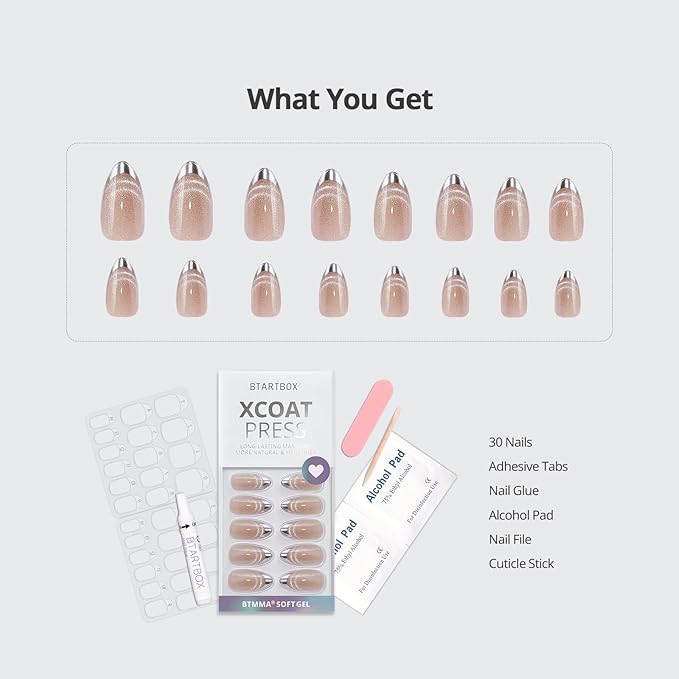 BTArtbox Almond Press On Nails Medium - Lamp-Curable Metallic French Tip Cat Eye Press On Nails with Glue for Women, Soft Gel Glue On Nails in 15 Sizes - 30 Stick On Nails Kit, Silver Storm