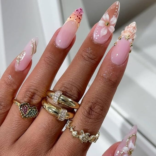 Long Almond Press on Nails with 3D Flowers Pastel Pink Fake Nails Glitter Fake Nails Elegant Stick on Nail for Women 24pcs
