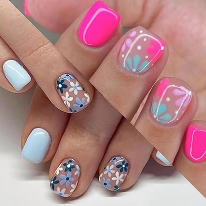 2 Packs 48Pcs Flowers Press On Short Square Fake Nails - Spring Floral Design False Glossy Cute Acrylic Full Cover, Glue Stick On for Women's Manicure & Nail Art Set