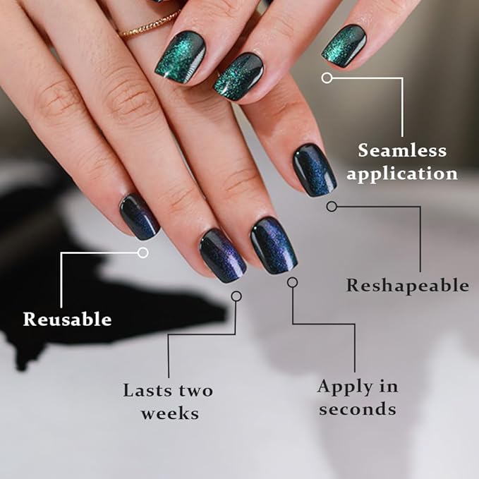 evpct Green Cat Eye Extra Short Press on Nails Square, Petite Short Square Glue on Nails for Women Gift, Emerald Green Metallic Glitter Glossy Reusable Gel Press on Acrylic Fake Nail with Designs