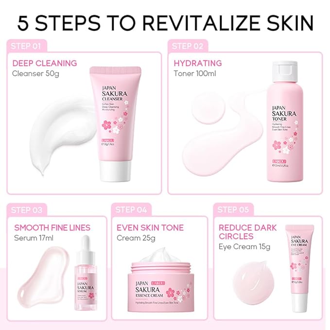 Sakura Skincare Kit for Teenage Girls Women, 5Pcs Skin Care Travel Present Set with Cleanser, Toner, Serum, Eye Cream, Face Cream
