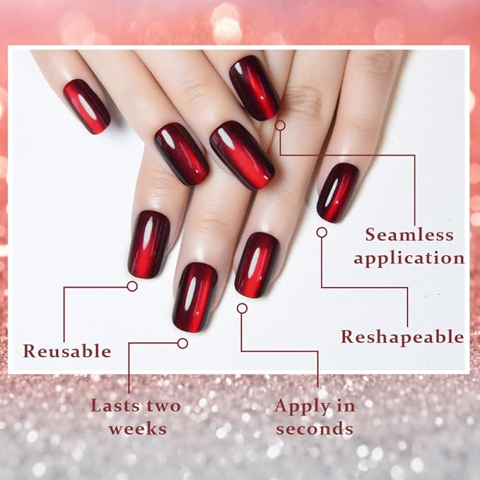 Cat Eye Dark Red Press On Nails Medium Long Length Square, Designer Reusable Acrylic Fake Nail with Glue, Glossy Gel Nails Wedding Party, Stick On Glue On Nail, Nails Press Ons for Women