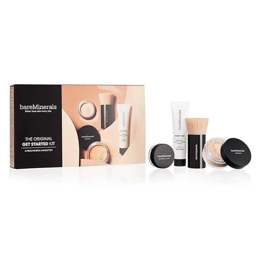 bareMinerals Original Get Started Kit, 4 Piece Mini Mineral Makeup Includes Original Loose Foundation, Face Primer, Setting Powder, Brush, Travel Sizes, Must-Have Kit, Vegan