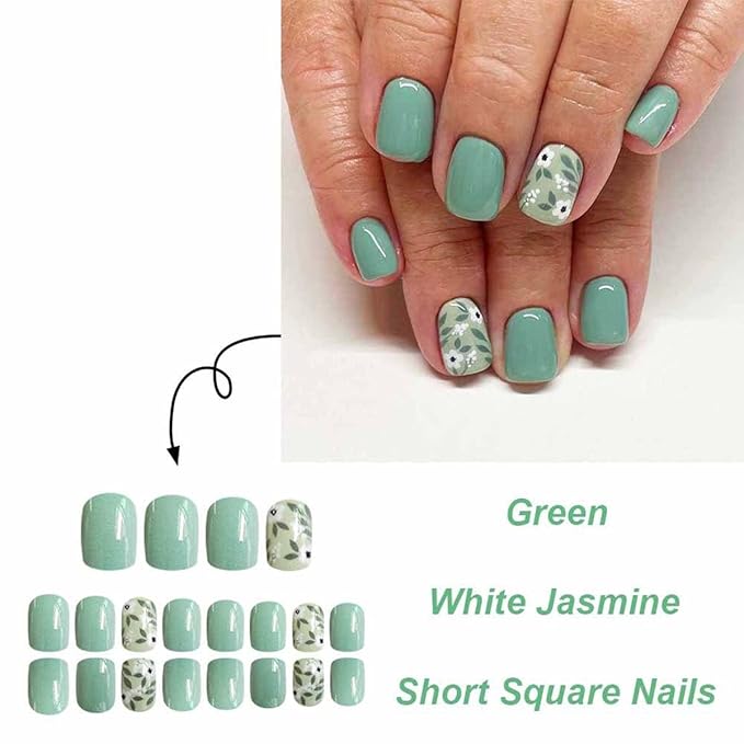 Short Square Fake Nails Green Fake Nails Flower with Leaf Design Cute False Nails Full Cover Acrylic Nails Artificial Nails Glossy Glue on Nails Floral Stick on Nails for Women Manicure 24Pcs