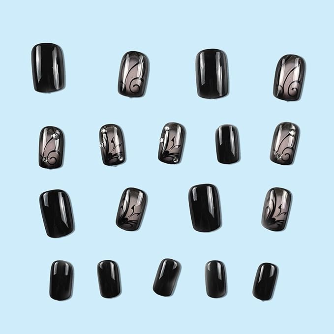 Black Press on Nails Medium Square Fake Nails with Black Vine Designs Acrylic Nails Press ons Glossy Glue on Nails Summer Acrylic Nails Artificial Stick on Nails for Women 24Pcs