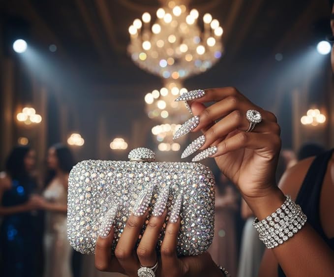 Handmade Press on Nails Full Cover Luxurious 3D Crystal False Nails Super Extra Long Stiletto Diamonds Art Decoration Fake Nails Manicure Kit Nail Art Tips Gift for Women Girls Wedding Party