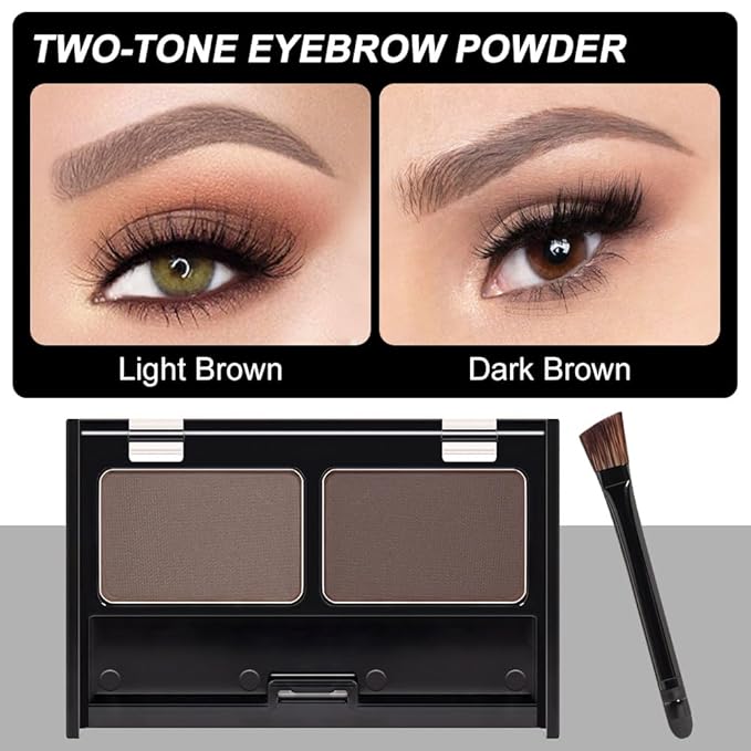 Eye Brow Powder for Women, Medium Brown Eyebrow Powder Kit with Double-ended Eyebrow Brush, Long-Lasting Waterproof Two Colors, Purse-Friendly Compact, Cruelty Free (Medium Brown+Brown 2Pcs)