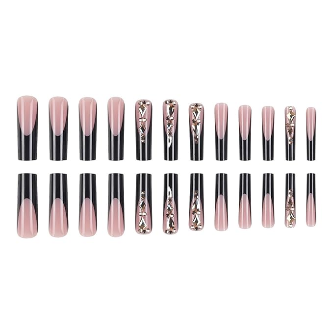 Square Press on Nails Long Fake Nails Extra Long Black Artificial Nail with Rhinestone Designs French Stick on Nail for Women 24pcs