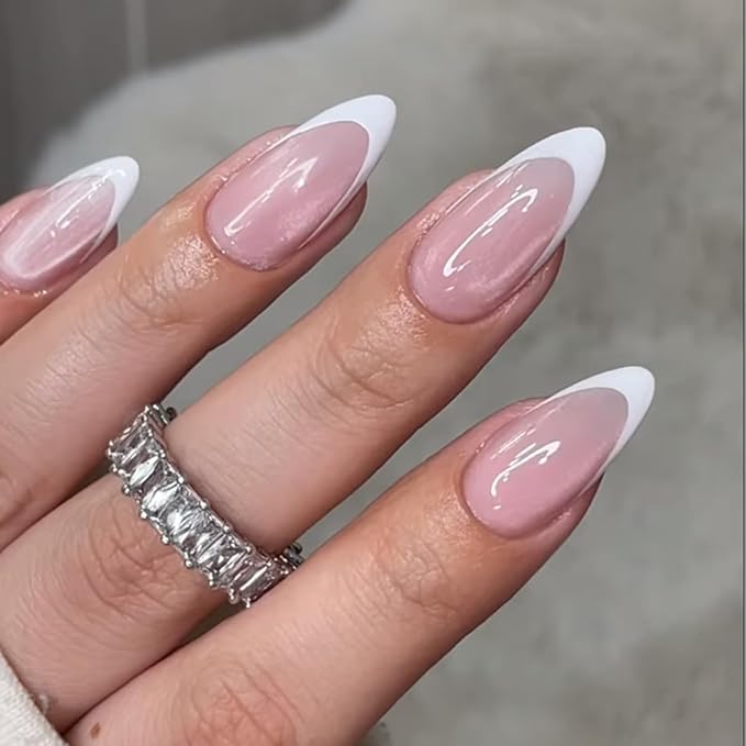 French Tip Fake Nails Almond Press on Nails Nude Pink Cat Eye Acrylic False Nails Press ons Glossy Nature Artificial Nails with White Glitter Designs for Women Girls Manicure Decoration 24Pcs