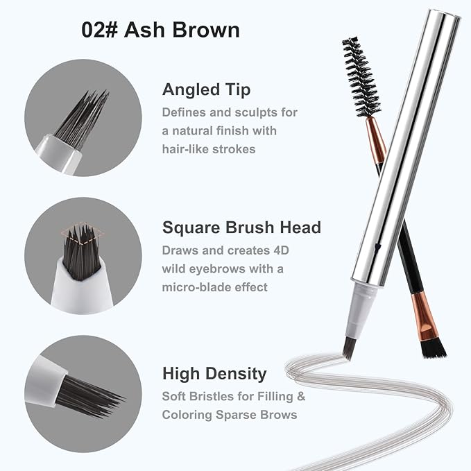 Boobeen 2PCS Wild Liquid Brow Pen, Microblading Natural Eyebrow Pencil with Spiral Brush, Ultra-Precise Tips for Hair-Like Makeup with Brush, Waterproof & Lasts All Day