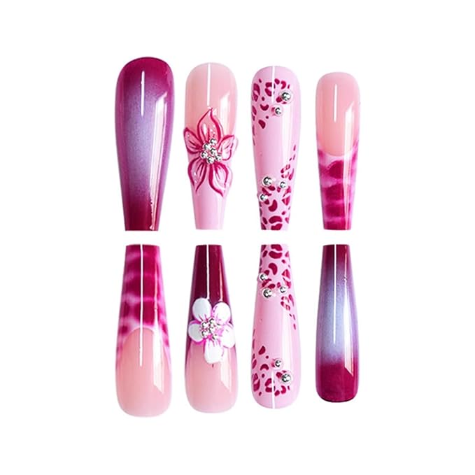 Long Press on Nails Coffin Fake Nails with Pink Floral DesignsFalse Nails French Artificial Nails Purple Stick on Nails for Women 24pcs