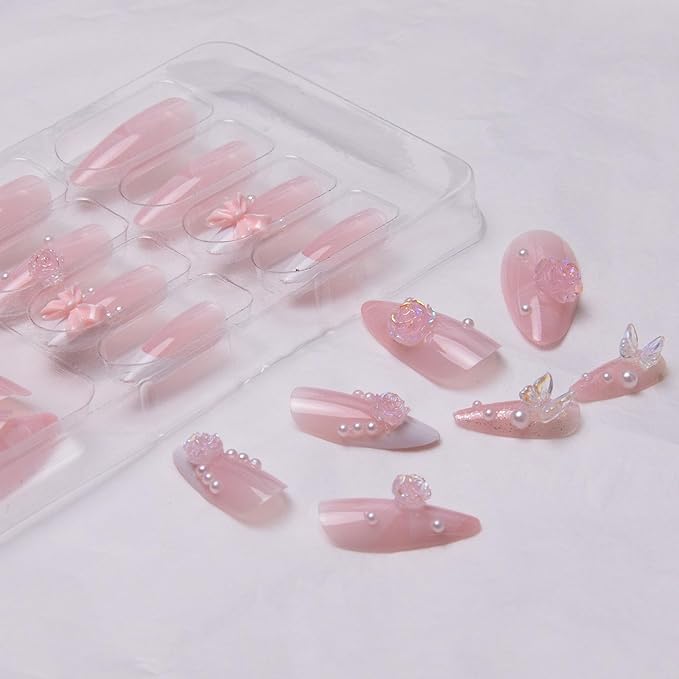 French Tip Press on Nails Medium Almond Fake Nails Bow Flowers False Nails Nude Pink Acrylic Nails with Designs Pearl Glue on Nails Artificial Nails for Women Girls Manicure Art Decoration