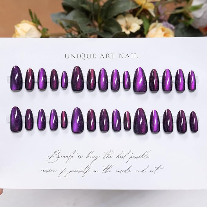 30Pcs Purple Press on Nails Medium Almond False Nails Elegant Purple Fake Nails Glitter Gradient Press ons Acrylic Nail Glossy Sparkly Glue on Nails Full Cover Stick on Nails for Women