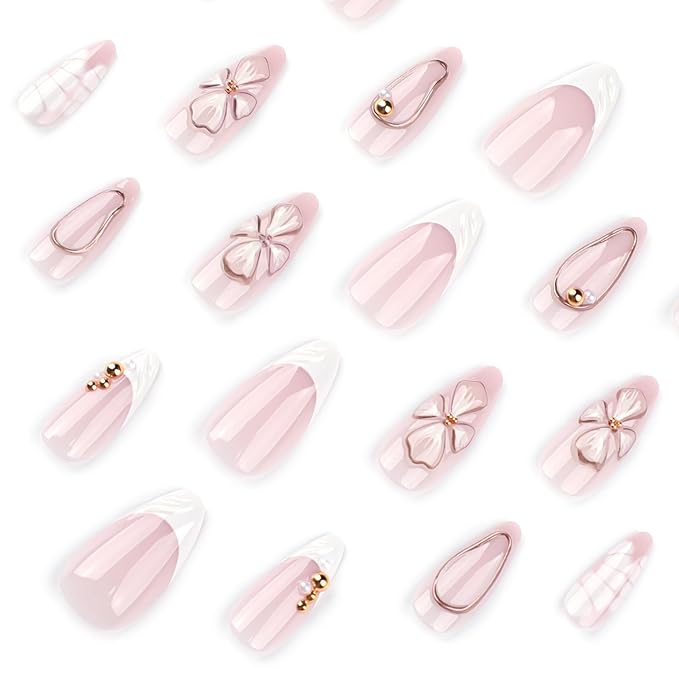 White French Tip Press on Nails Medium Almond Fake Nails with 3D Flower Designs Glossy Pink Acrylic False Nails Golden Bead Artificial Glue on Nail Cute Petals Stick on Nail for Women 24Pcs