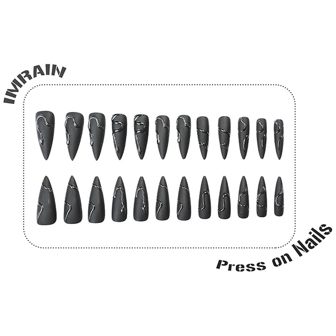 IMRAIN Black Press on Nails Long Stiletto Fake Nails Full Cover Glue on Nails Glossy 3D Snake Artificial Matte Acrylic Stick on False Nails for Women 24Pcs