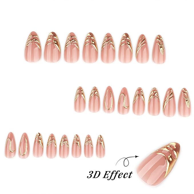 Press on Nails Medium Almond Fake Nails Gold Stripes Line False Nails French Tip Acrylic Nails Reusable 3D Gold Artificial Nail Full Cover Glue on Nail for Women Girls Manicure 24Pcs