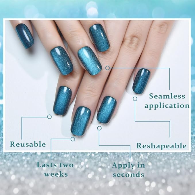Cat Eye Teal Green Press On Nails Medium Long Length Square, Designer Reusable Acrylic Fake Nail with 24 ps, Glossy Gel Nails Wedding Party, Stick On Glue On Nail, Nails Press Ons for Women