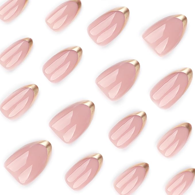 Almond Press On Nails Short, Pink Fake Nails with Elegantly Crafted Gold French Tips, Glossy Gel Finish, Thick Natural Reusable Glue On Nails Kit for Women 24Pcs, Golden French Chic
