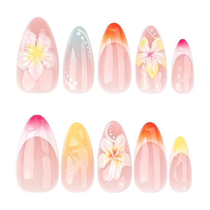 24Pcs Colorful French Tip Press on Nails Medium Almond Fake Nails with 3D Flower Designs Nude Stick on Nails Gradient French False Nail Tips Summer Acrylic Nails Cute Floral Glue on Nails for Women