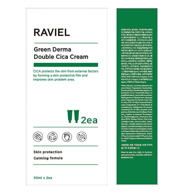 RAVIEL Green Derma Double Cica Cream | Redness relief for face | Calming & Soothing Skin barrier moisturizer for Sensitive Skin | Korean skin care (1.69 fl oz, Pack of 2)