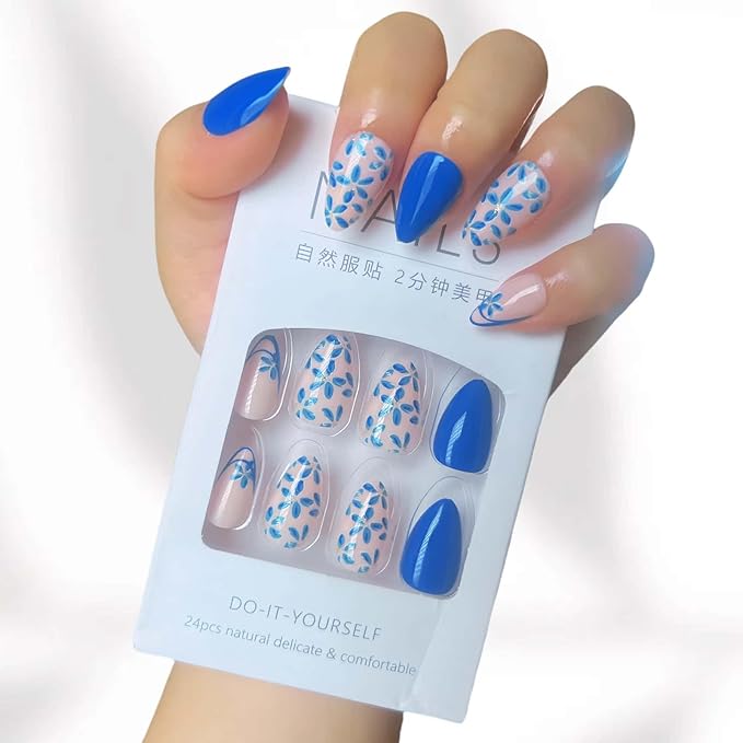 Blue Short Almond French Press on Nails Flower Pattern Fake Nails DIY for Women and Girls Daily and Party Use Can Glue on Nails Blue Full Cover Acrylic Stick on Nails 24 Pcs Kit