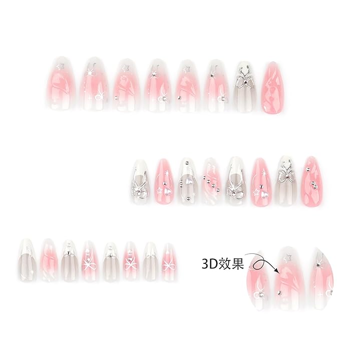 Pink Press on Nails Medium Almond Fake Nails with 3D Silver Bow Bead Pearl Designs White Gradient French Tips Acrylic Nails False Nails Heart Full Cover Glossy Stick on Nails for Women 24Pcs