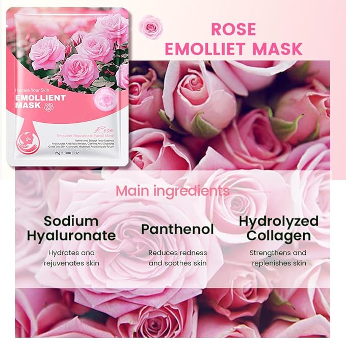 8 Pack Rose Face Sheet Mask Skincare,Hydrating Face Mask For Sensitive Skin,Moisturize,Soothing,Nourish for All Skin Types,Natural Spa Party Facial Mask Skincare Set for Women Men Girls