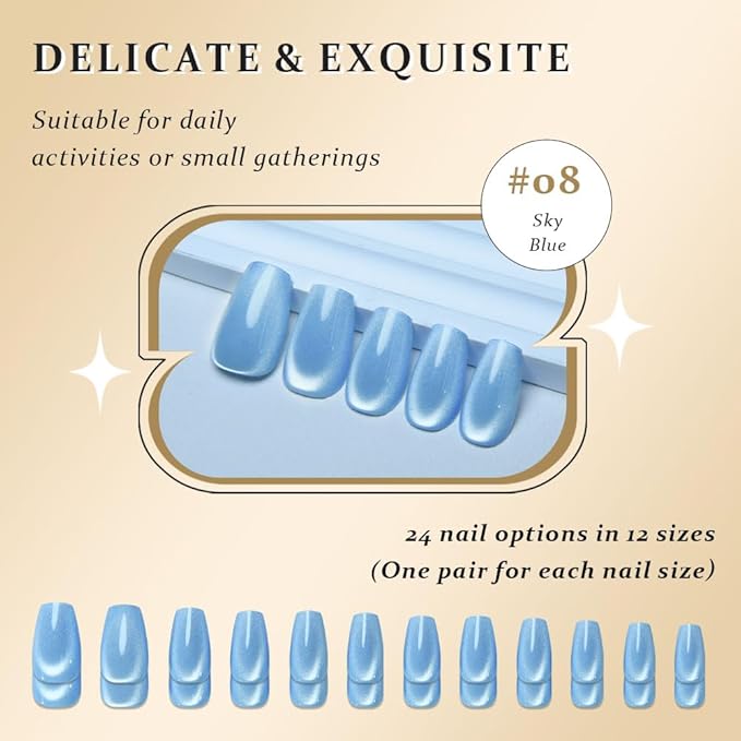 evpct Sky Blue Cat Eye Coffin Press on Nails Square Medium, Medium Square Glue on Nail for Women Gift, Sky Blue Metallic Glitter Glossy Reusable Summer Soft Gel Press on Acrylic Fake Nail with Designs