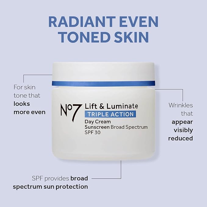No7 Lift & Luminate Triple Action Day Cream - Anti-Aging Face Cream SPF 30, Hyaluronic Acid & Vitamin C - Visibly Firms Skin for Healthy Looking Radiance - Suitable for Sensitive Skin (1.69 Fl Oz)