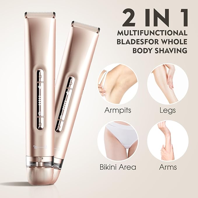 2025 New 2-in-1 Electric Shaver & Bikini Trimmer for Women & Womens Electric Razor, IPX7 Waterproof Wet&Dry Body Hair Remover for Face Legs Underarms, Dual Head Rechargeable Razor(Rose Gold)