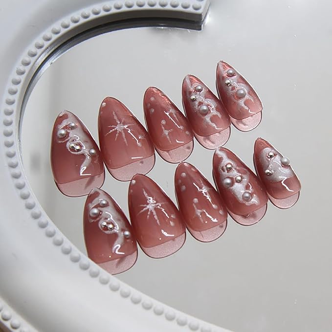 24Pcs Punk Press on Nails Short Almond Fake Nails with 3D Pearl Silver Lines Acrylic Nails Dark Red Full Cover False Nails Y2K Star Glue on Nails Irregular Design Stiletto Artificial Nails for Women